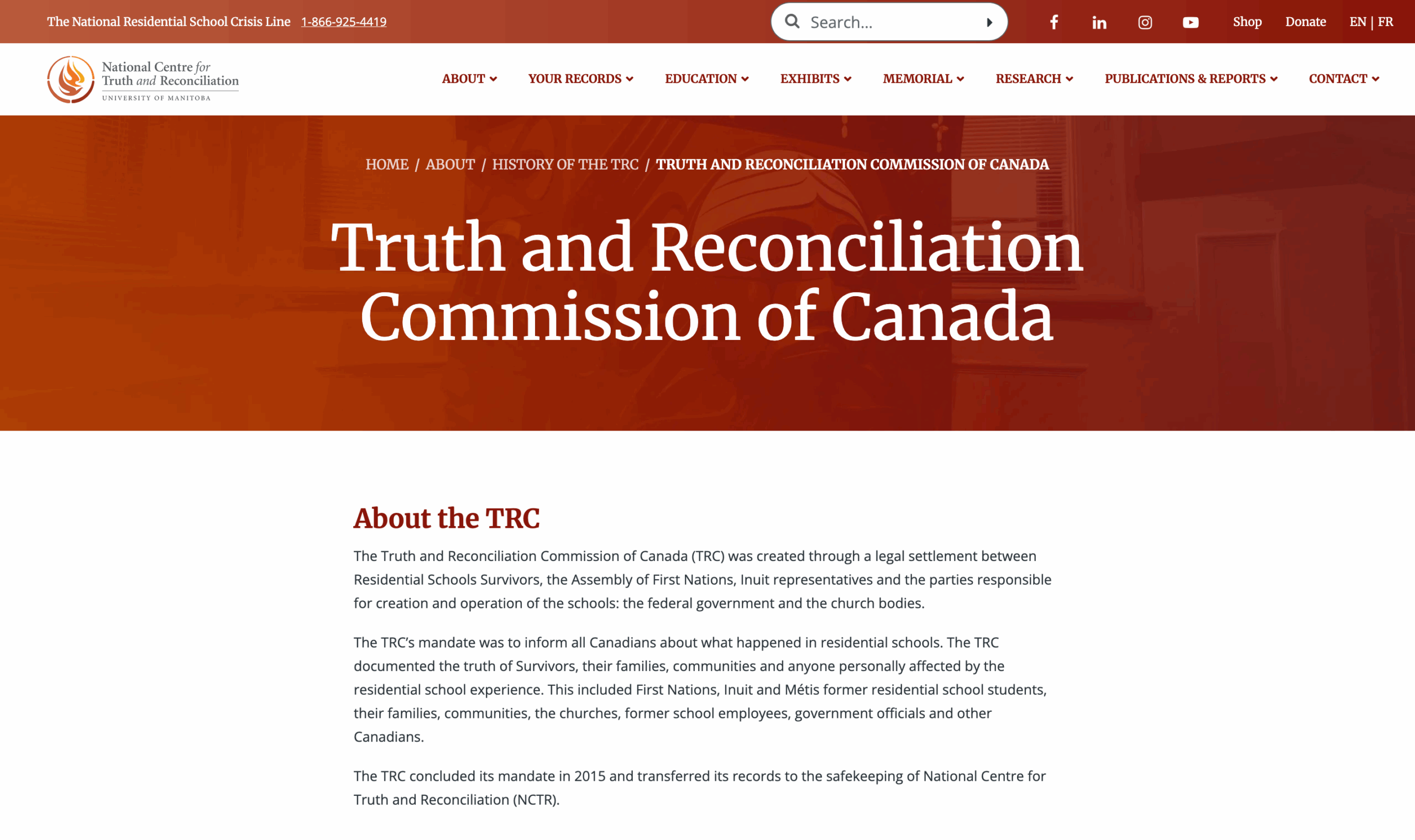 Capture d’écran du site Web de la Commission de vérité et réconciliation du Canada.