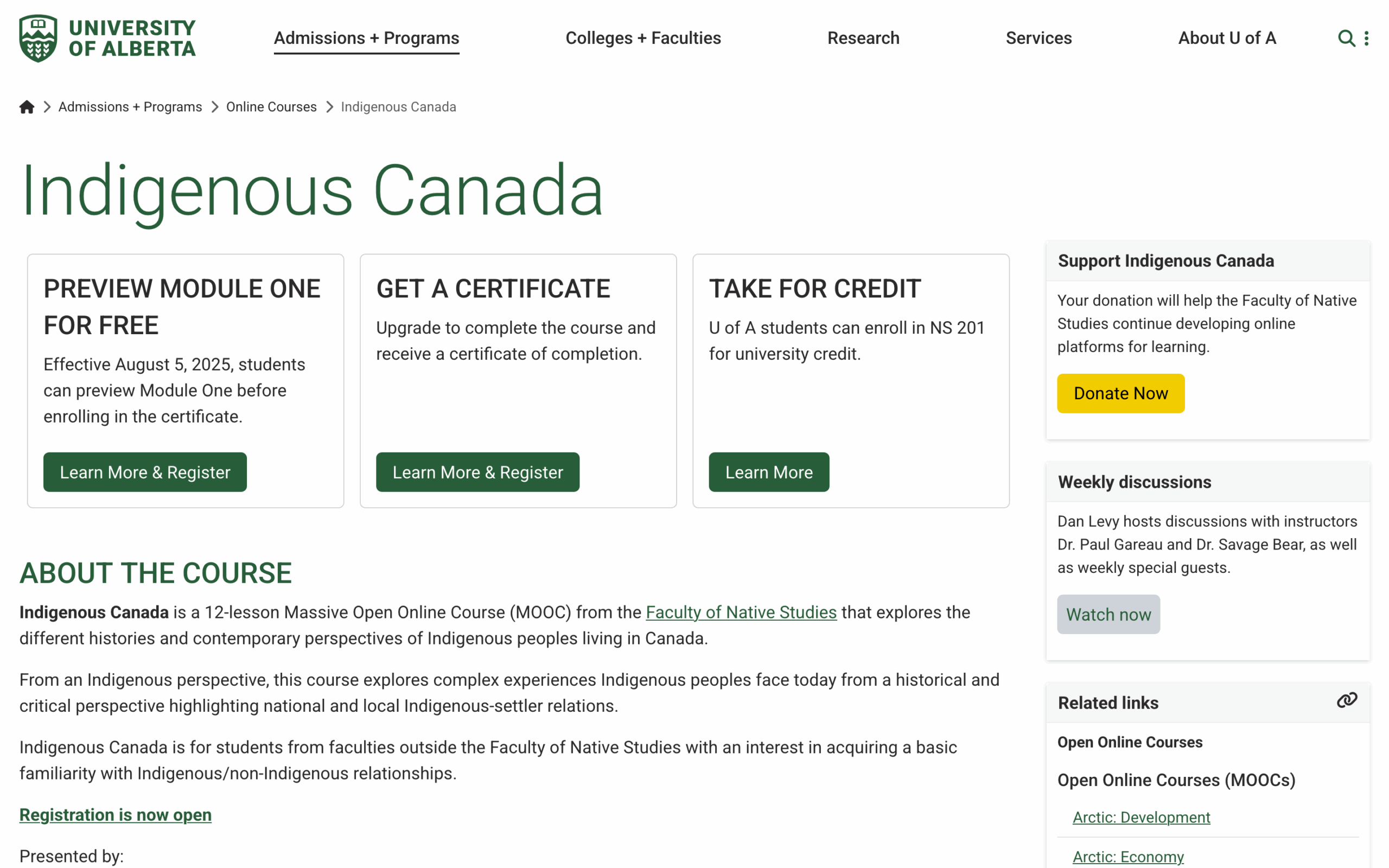 Screenshot of the University of Alberta's website for their Indigenous Canada course website landing page.